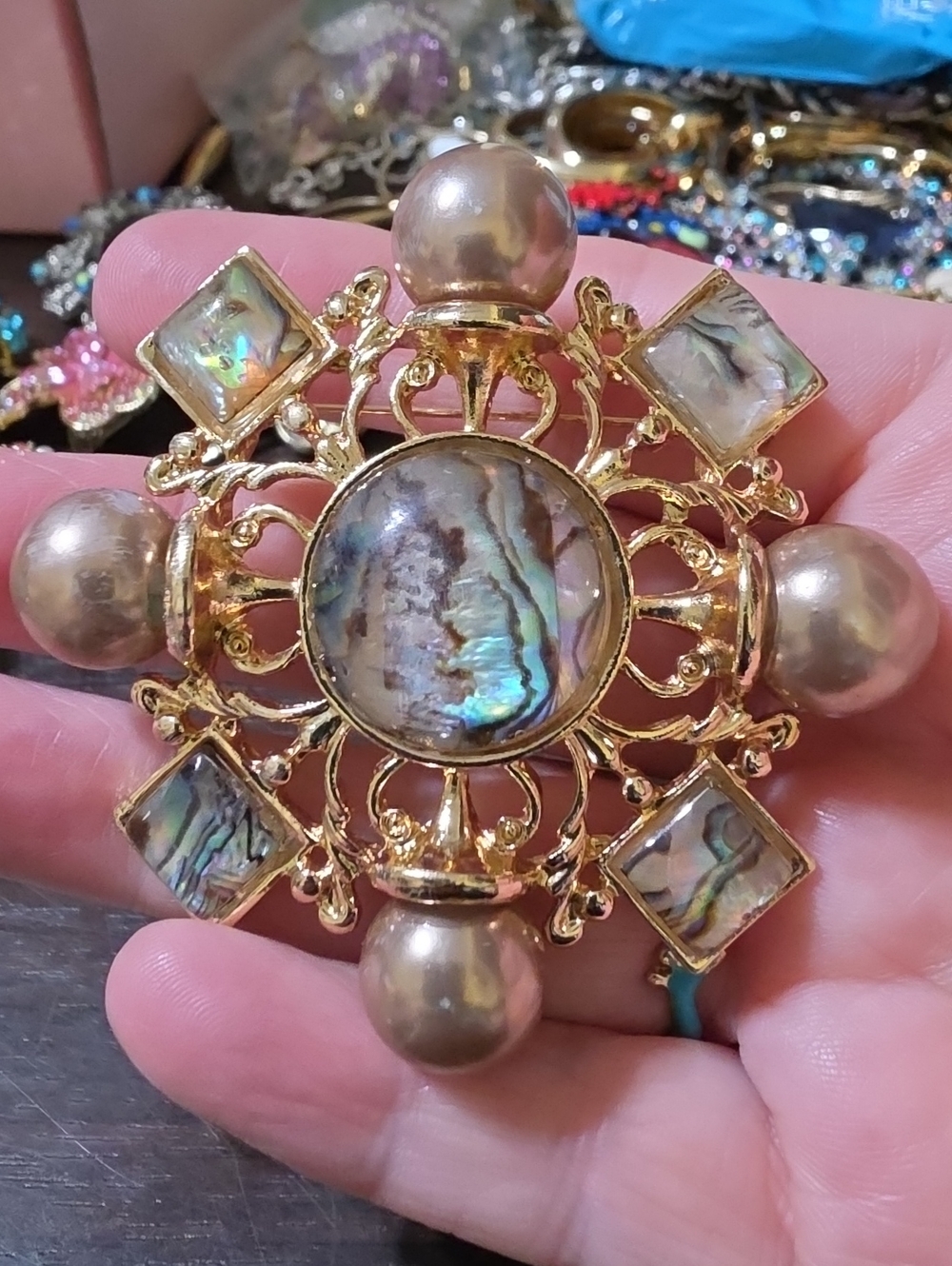 A111- Gold-tone Faux Abalone and Pearl  Statement Brooch